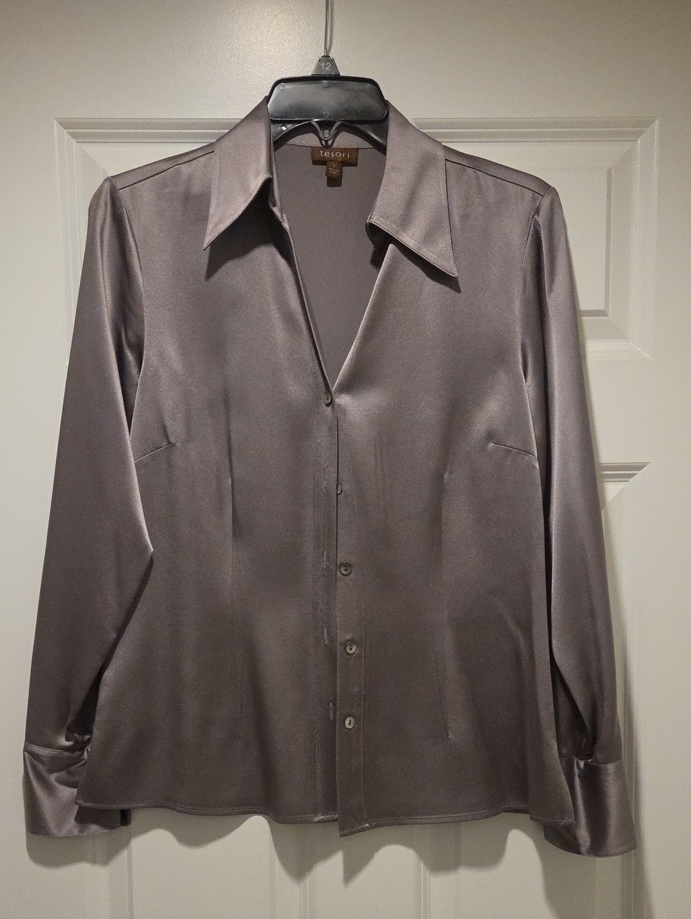 Tesori Satin Button-Up Blouse - Gray Taupe